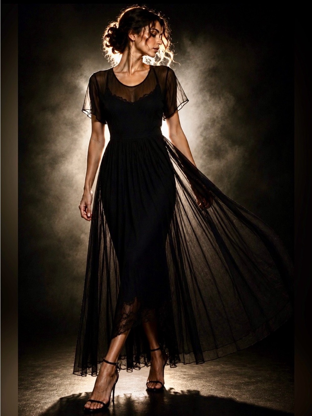 DKNY Black Sheer Chiffon Vintage 4 Pleated Maxi Dress Wedding Cocktail Luxury